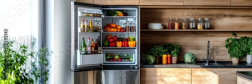 A modern kitchen with an open refrigerator full of fresh produce, showcasing a healthy and organized lifestyle.  The open refrigerator door reveals a variety of fruits and vegetables, symbolizing abun photo