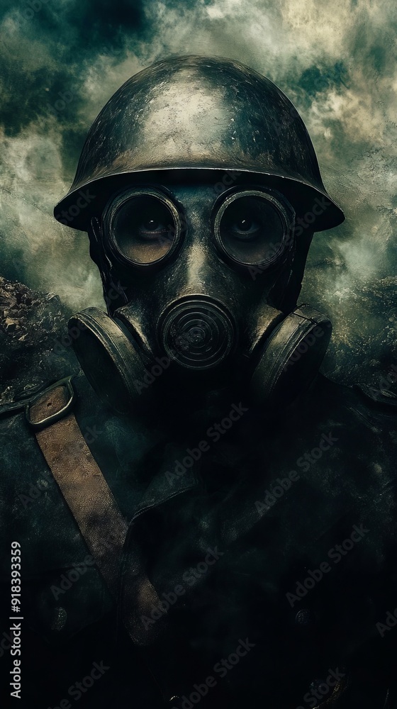 A man wearing a gas mask and a helmet A man wearing a gas mask and a helmet