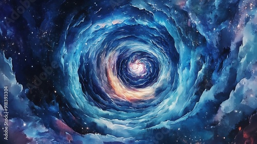 A swirling vortex of blue and white clouds with a burst of light in the center photo