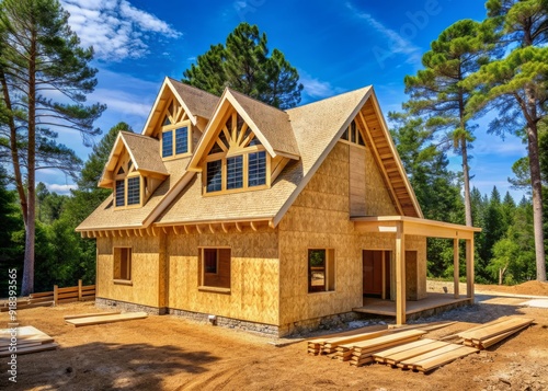 Under-construction L-shaped wooden house with gabled dormer roof, OSB plywood sheeting envelope, and frame truss beam in suburban Atlanta, Georgia, amidst new development.