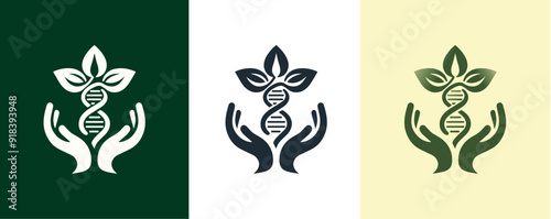 A logo combining a sprout, DNA and hands. Caring hands hold DNA that creates new life in the form of a bud or sprout. Logo vector template. Logo for a health advocacy organization. Environmental Icon.