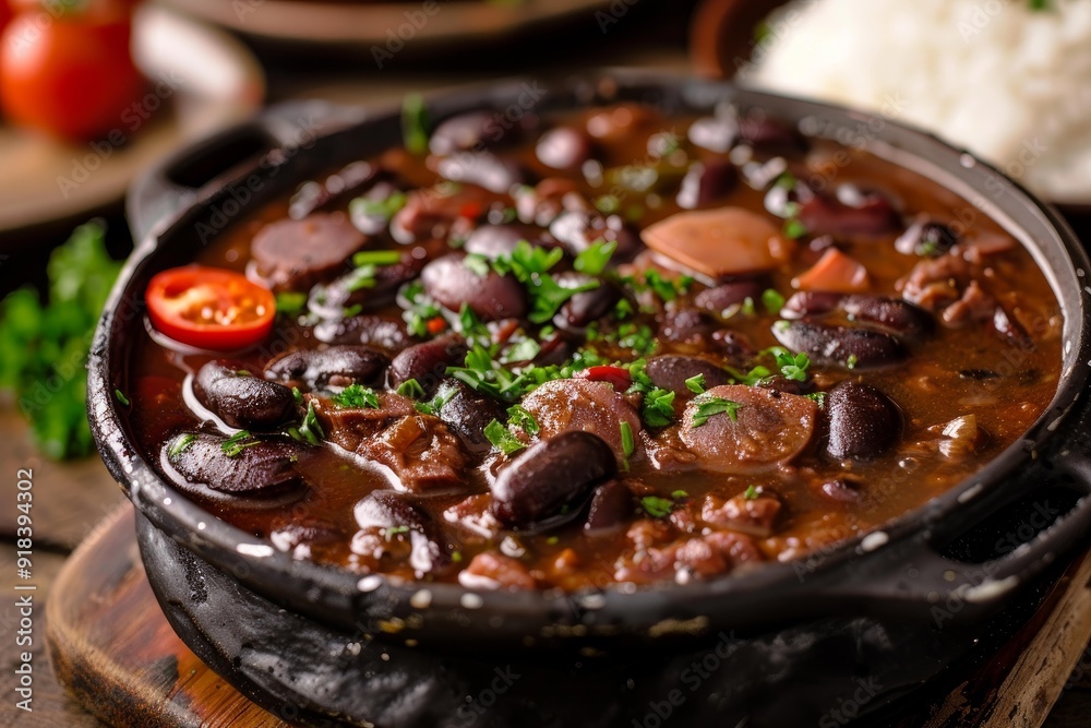 Closeup of a savory brazilian feijoada stew with beans and meat, garnished with parsley Closeup of a savory brazilian feijoada stew with beans and meat, garnished with parsley
