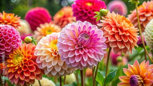 Vibrant pink, orange, and white dahlia flowers bloom in a lush garden, creating a stunning colorful backdrop with delicate petals and intricate details.