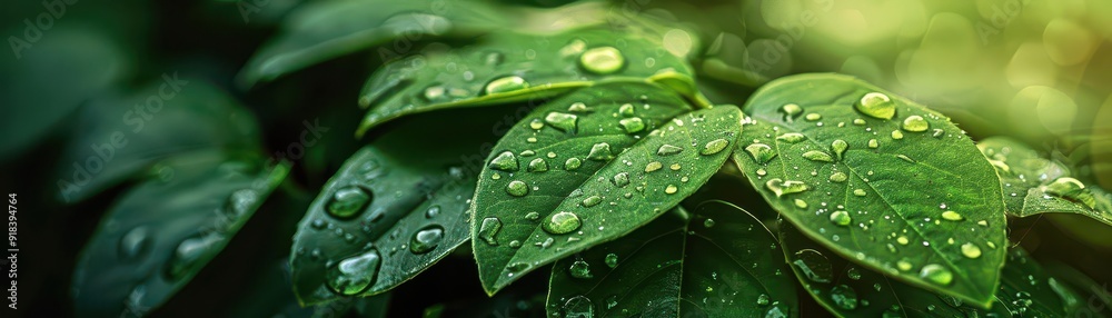 Close-up of lush green leaves adorned with sparkling water droplets, capturing the essence of nature's beauty and freshness. Close-up of lush green leaves adorned with sparkling water droplets, capturing the essence of nature's beauty and freshness.