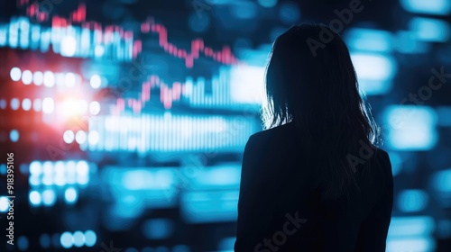 Silhouette of a woman observing digital financial data on a screen, symbolizing analysis and investment strategies.