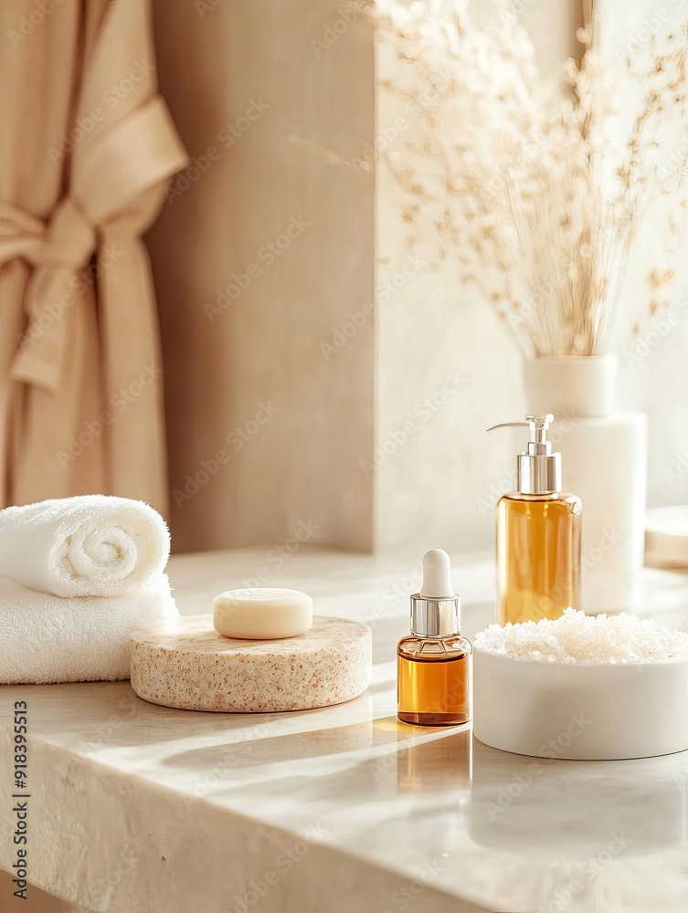 Luxury spa essentials with natural elements. Includes towels, oils, and bath products on a marble counter. Luxury spa essentials with natural elements. Includes towels, oils, and bath products on a marble counter.
