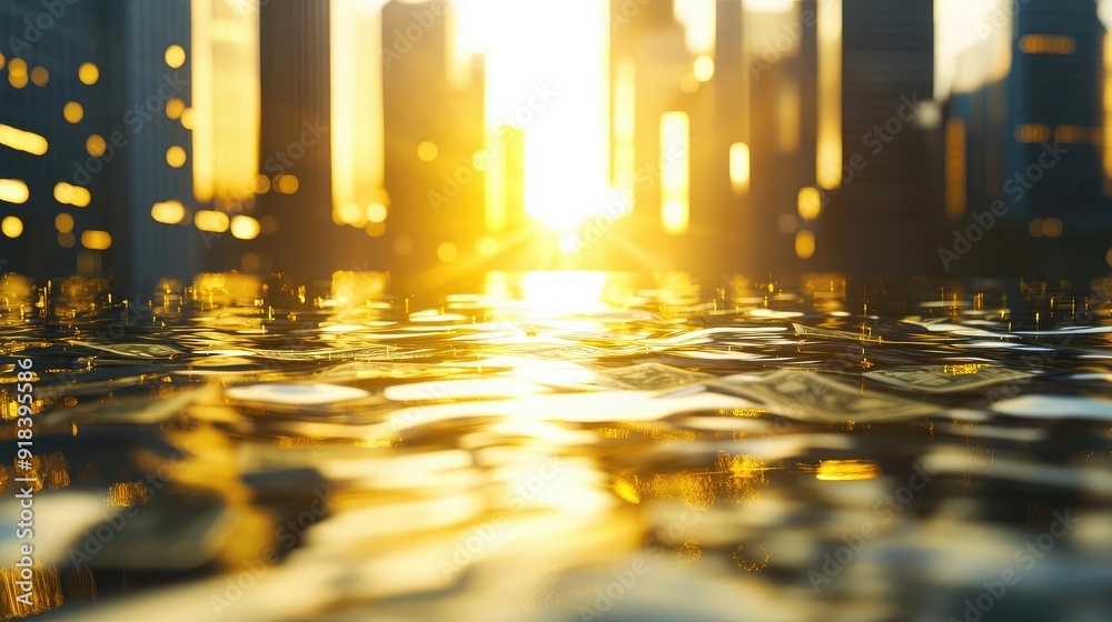 Obraz premium A serene sunset reflecting on water, creating a tranquil ambiance in a cityscape with modern architecture.