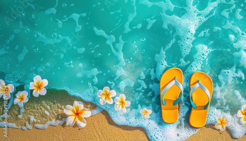 Bright flip flops beside turquoise ocean waves and white flowers on a sandy beach during a sunny day