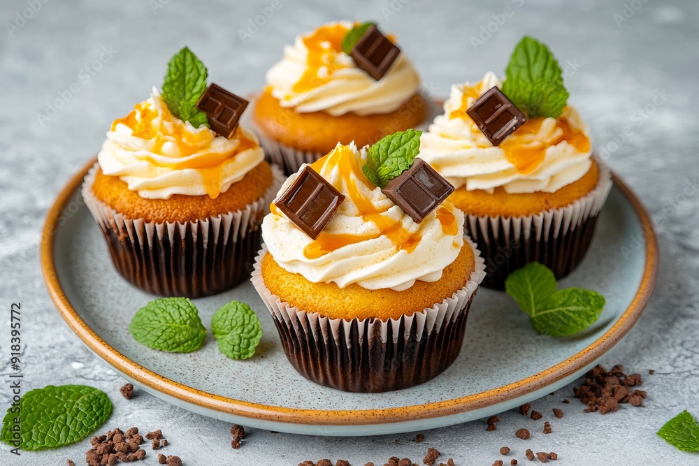A plate of cupcakes with caramel frosting and chocolate on top