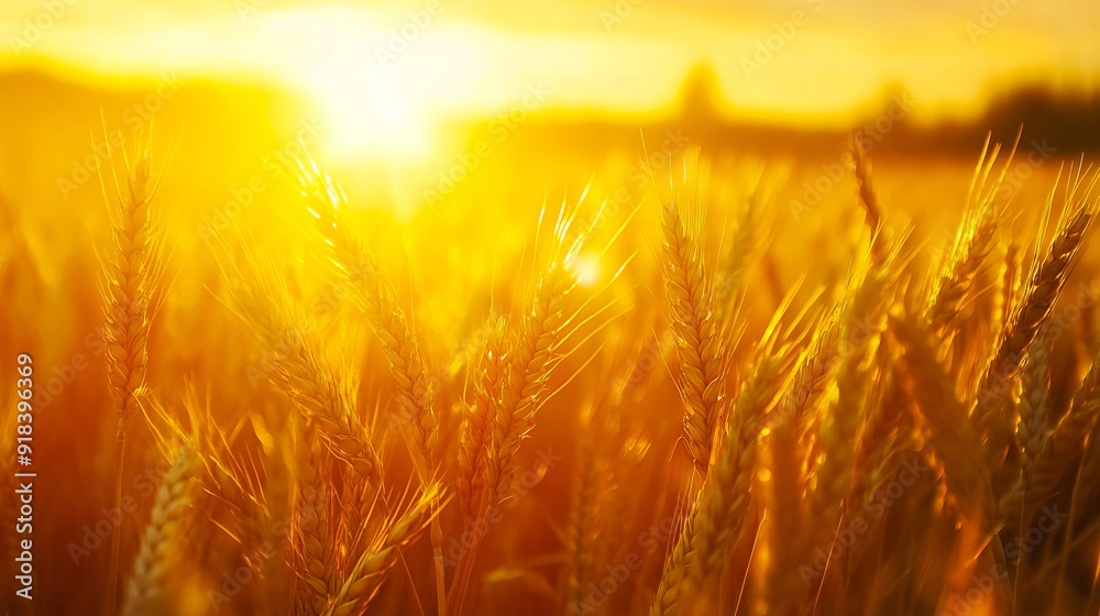 A field of ripe wheat with the sun setting in the background A field of ripe wheat with the sun setting in the background