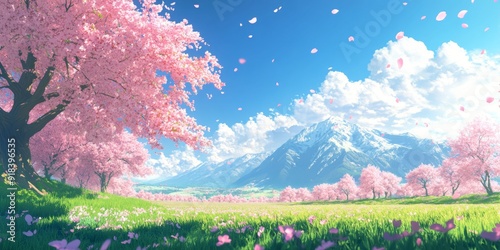 Tranquil Cherry Blossoms against a Clear Azure Sky: Anime-Style Abstract Art for Game Concepts, Storybook Illustrations, and Children's Book Inspirations in 4K Wallpaper.