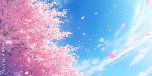 Tranquil Cherry Blossoms against a Clear Azure Sky: Anime-Style Abstract Art for Game Concepts, Storybook Illustrations, and Children's Book Inspirations in 4K Wallpaper.