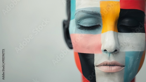 Colorful Abstract Face Art Displayed on a Mannequin in a Modern Studio