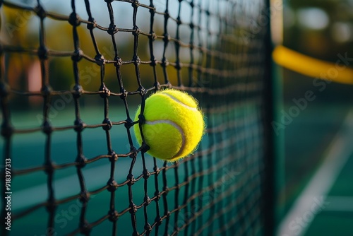 A yellow tennis ball is caught in the black net of a tennis court. The ball is slightly out of bounds, symbolizing a missed shot, the importance of precision, and the thrill of the game. The net repr