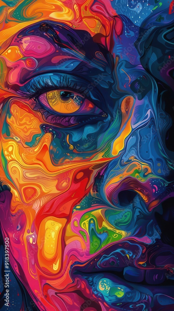 Vibrant abstract art featuring a face, blending vivid colors and fluid shapes to create a mesmerizing visual experience. Vibrant abstract art featuring a face, blending vivid colors and fluid shapes to create a mesmerizing visual experience.
