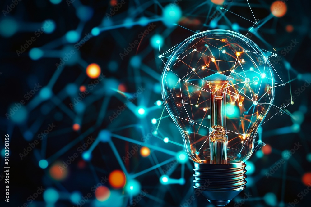 A light bulb with a network of connected lines around it A light bulb with a network of connected lines around it