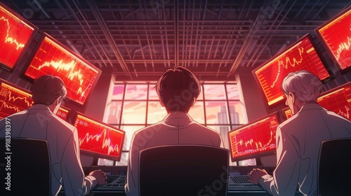 Stock Market, Trader. Wideangle shot of a trading room in chaos, with traders panicking as stock prices plummet Monitors flash red, and the lighting is harsh, casting deep shadows photo