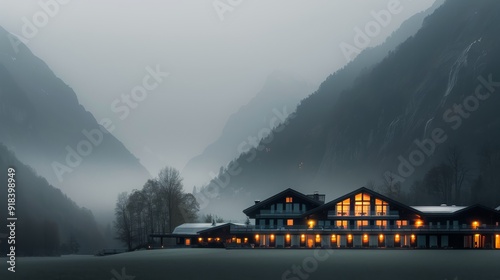Serene Mountain Lodge at Dusk With Soft Ambient Lights in the Valley