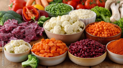 Colorful Fresh Vegetables And Spices Arranged In Bowls On Dark Wooden Table