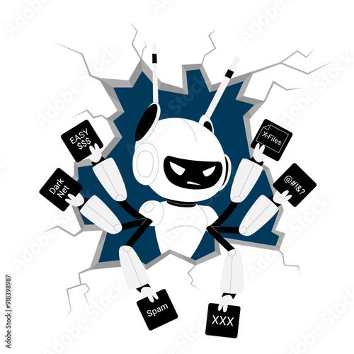 Fake news, misinformation, unethical poor support in a chatbot mobile app. Angry robot with multiple hands warns a male customer about the dangers coming from a smartphone screen vector illustration