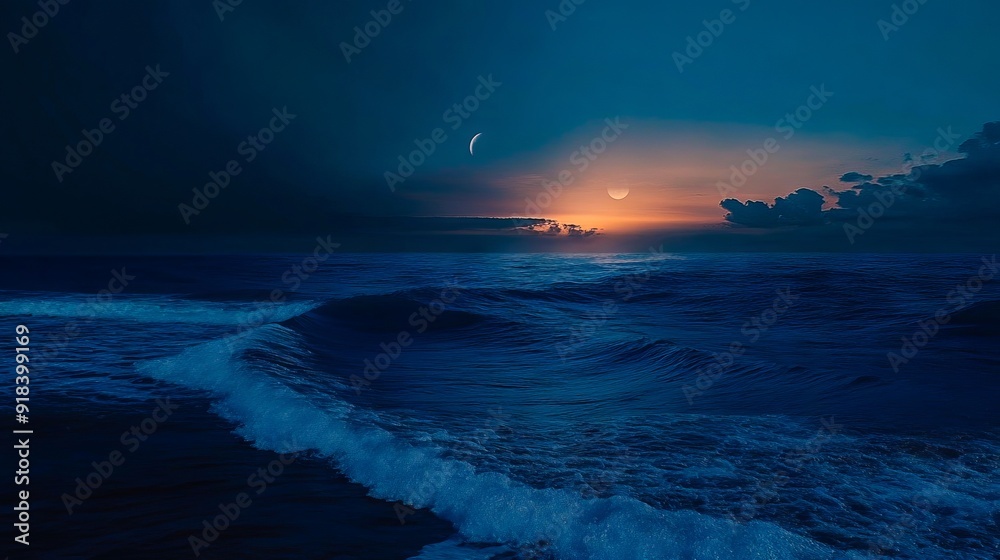 A full moon rising over the ocean at night
