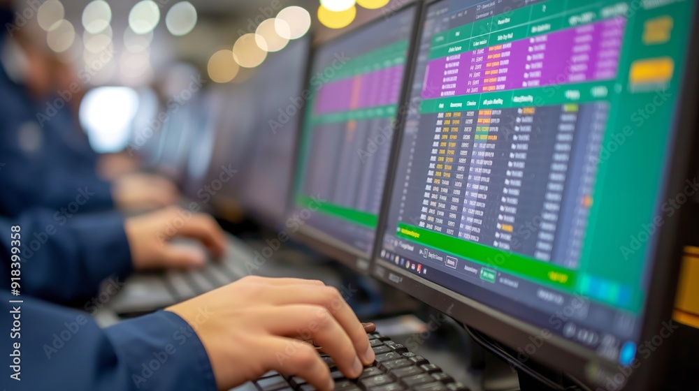 Close-up of an analyst working on multiple computer screens displaying complex business data and spreadsheets. Close-up of an analyst working on multiple computer screens displaying complex business data and spreadsheets.