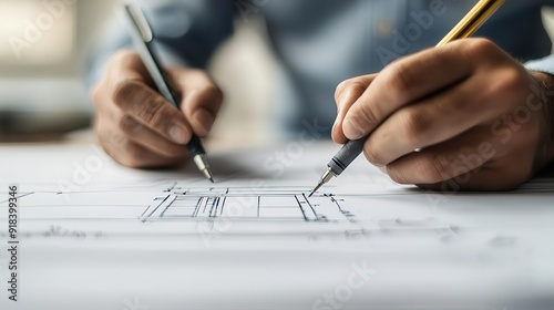 Closeup of a hand sketching a structural component on a blueprint, precise drafting