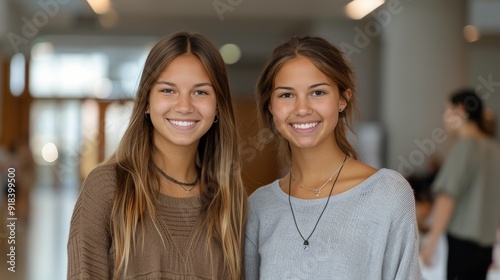 Happy Twin Teens Smiling Together in a Cozy Living Room