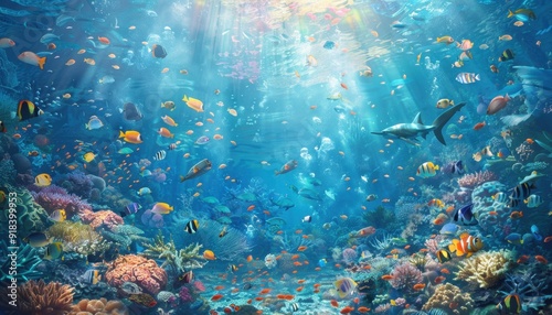 Colorful coral reef teeming with diverse fish and marine life in a sunlit underwater landscape