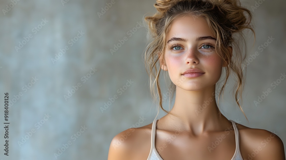A young athletic woman in a light-colored summer sports bra, looking away with a serene expression, against a transparent background A young athletic woman in a light-colored summer sports bra, looking away with a serene expression, against a transparent background