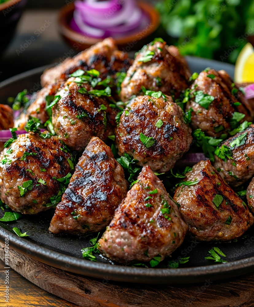 A plate of meatballs on a wooden table with onions and parsley A plate of meatballs on a wooden table with onions and parsley