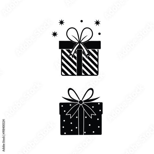  Gift boxes for christmas or birthday in style of hand drawn black doodle. Giftboxes silhouette 