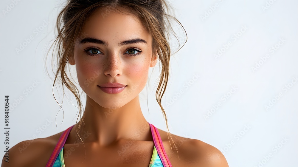 Portrait of a fit and beautiful woman wearing a colorful summer sports bra, with her hair tied back, isolated on a white background Portrait of a fit and beautiful woman wearing a colorful summer sports bra, with her hair tied back, isolated on a white background