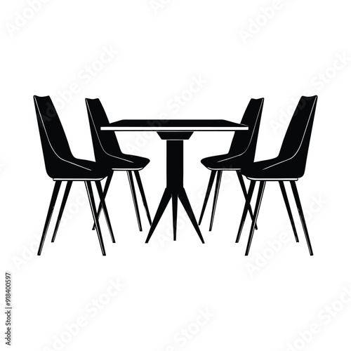 Modern table with four minimalist chairs silhouette isotated on white background.