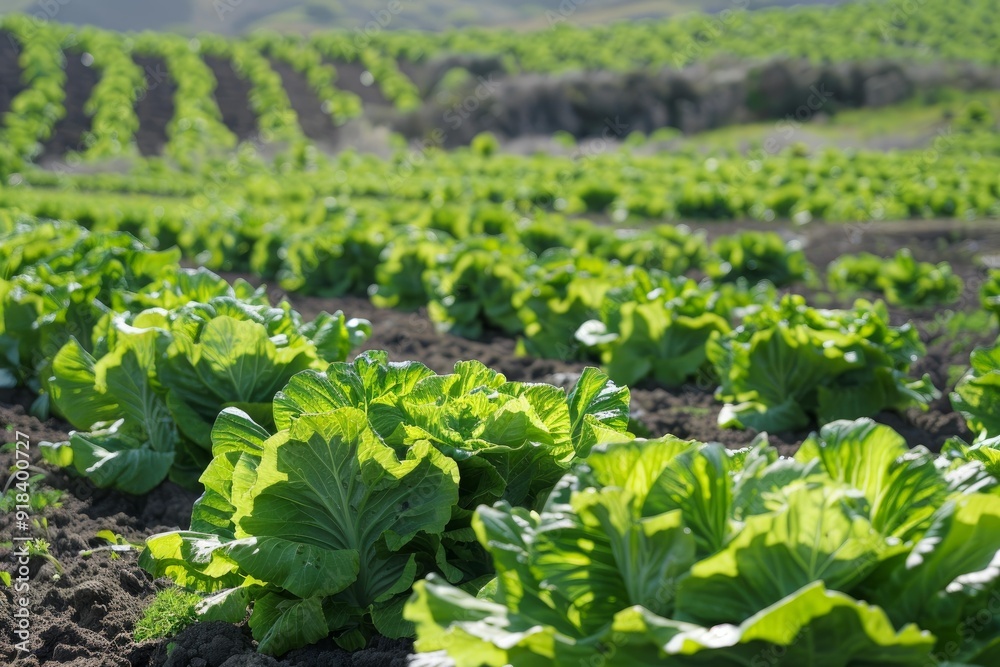 Lush green lettuce plants thriving in fertile soil on a sunny farm field Lush green lettuce plants thriving in fertile soil on a sunny farm field