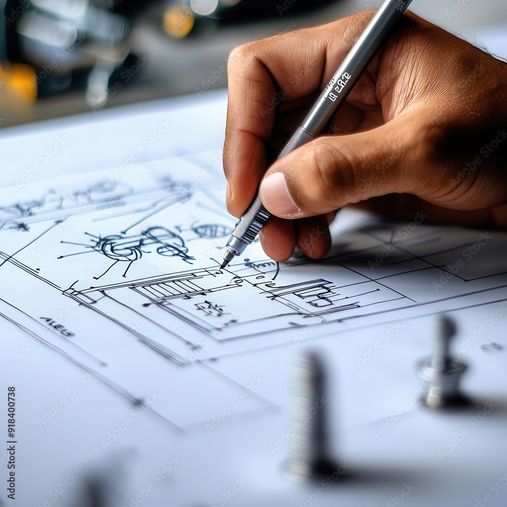 Closeup of a hand sketching on a mechanical blueprint, precise lines and measurements Closeup of a hand sketching on a mechanical blueprint, precise lines and measurements