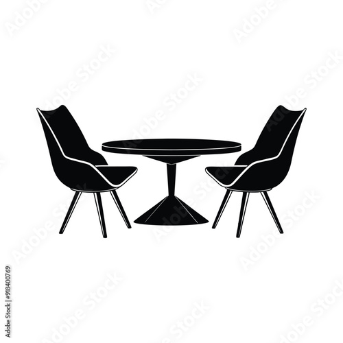 Modern table with two minimalist chairs silhouette isotated on white background.