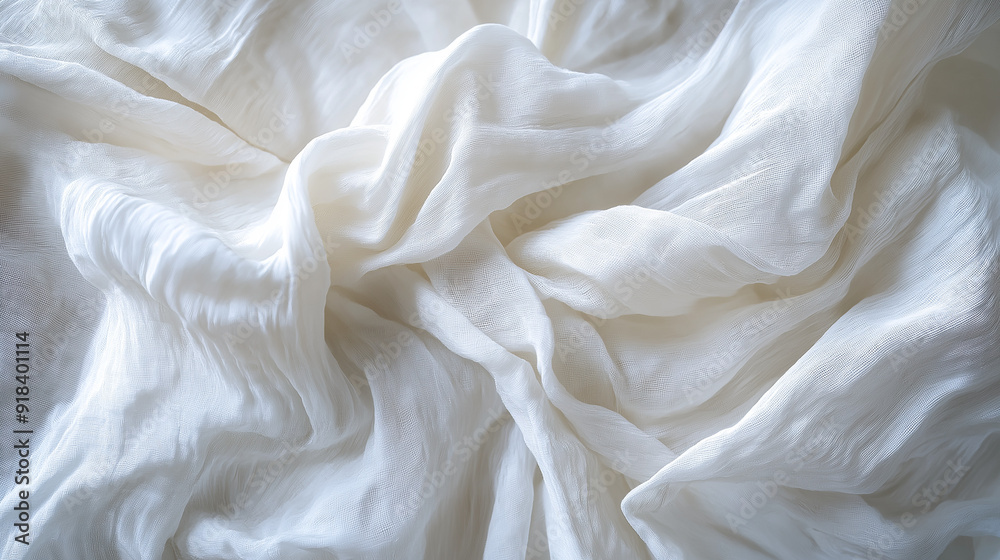 Fototapeta premium A close-up view of a crumpled white fabric, possibly a sheet or a bedsheet. The fabric displays multiple wrinkles and folds, creating a complex and intricate pattern
