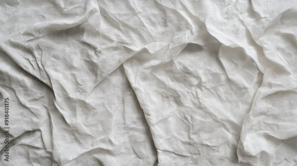 A close-up view of a white, wrinkled fabric. The fabric appears to be crumpled or creased in various directions, creating a textured surface. The wrinkles are more pronounced in certain areas A close-up view of a white, wrinkled fabric. The fabric appears to be crumpled or creased in various directions, creating a textured surface. The wrinkles are more pronounced in certain areas