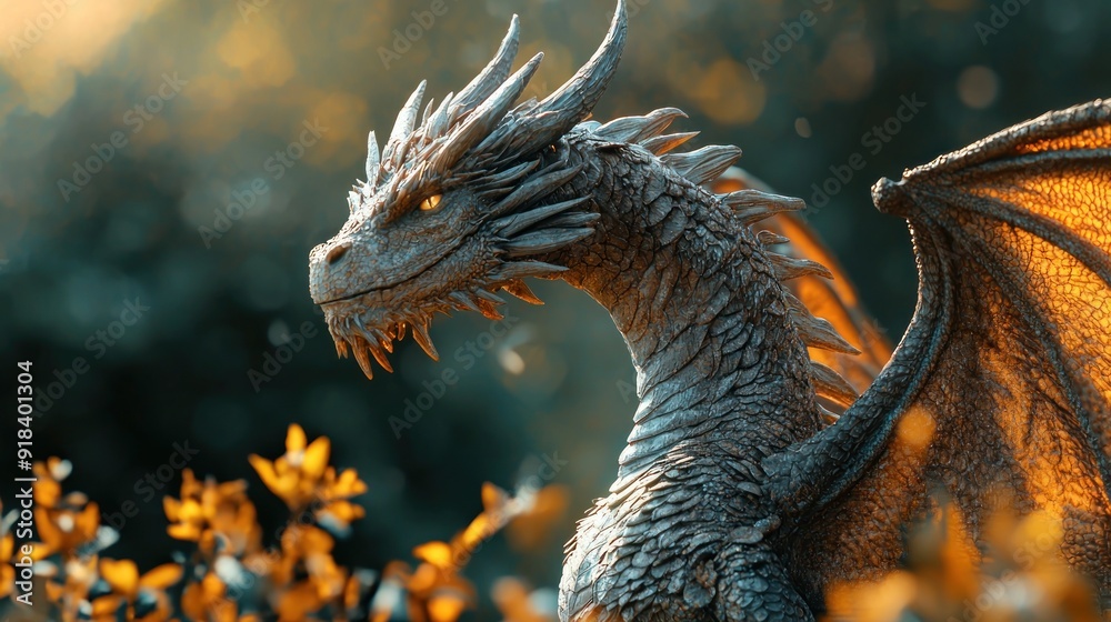 A real dragon is sitting on a snag, driftwood on a natural background of nature, space for text A real dragon is sitting on a snag, driftwood on a natural background of nature, space for text