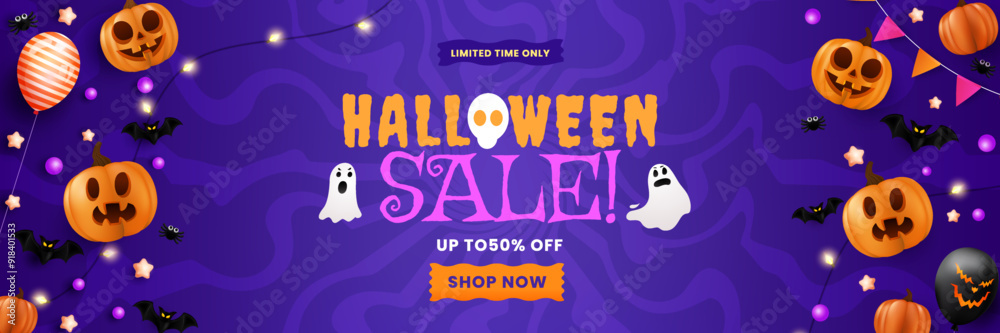 Obraz premium Cheerful Halloween sale backdrop featuring pumpkins, spiders, bats, flags, and a glowing fiesta lamp. Perfect for a party flyer or invitation template. EPS 10 vector illustration. 