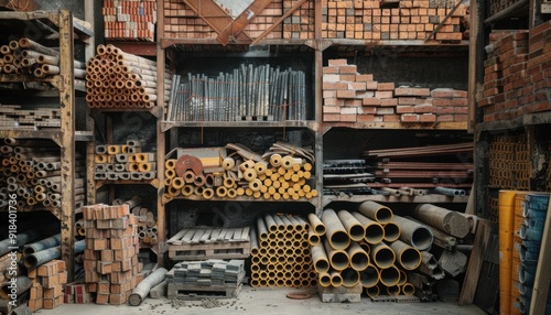Construction materials stored in a warehouse with organized shelves in a workshop during daylight