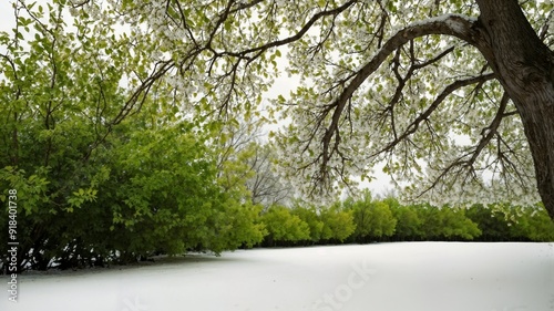 tree branches with green leaves and white background