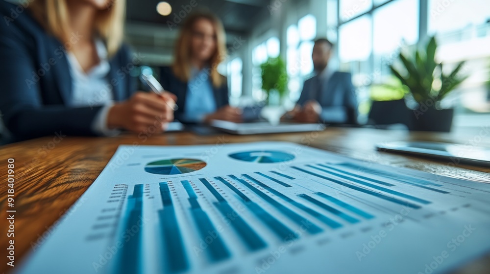 A group of people are sitting around a table with a blue and white graph on it A group of people are sitting around a table with a blue and white graph on it