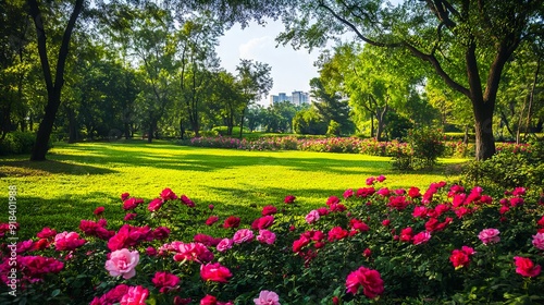 A field of pink roses in the middle of a lush green field