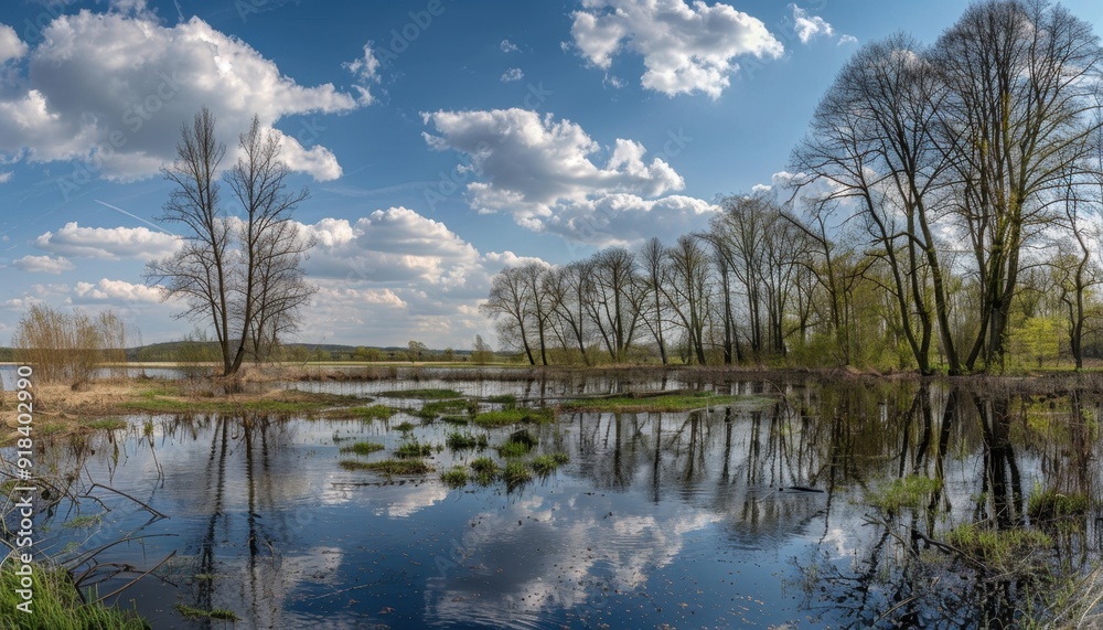 Calm lake reflecting cloudy sky with lush greenery along the shores during midday Calm lake reflecting cloudy sky with lush greenery along the shores during midday
