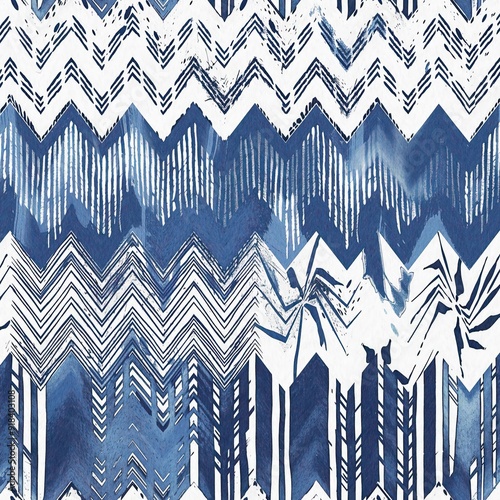 Summery ikat zig zag pattern in painterly brushstroke digital design. Modern coastal living printed chevron textile decor in seamless all over template.  photo