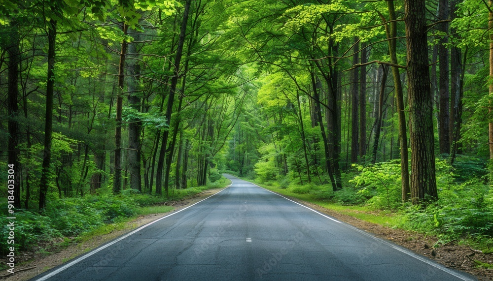 Serene winding road through lush green forest in midday light