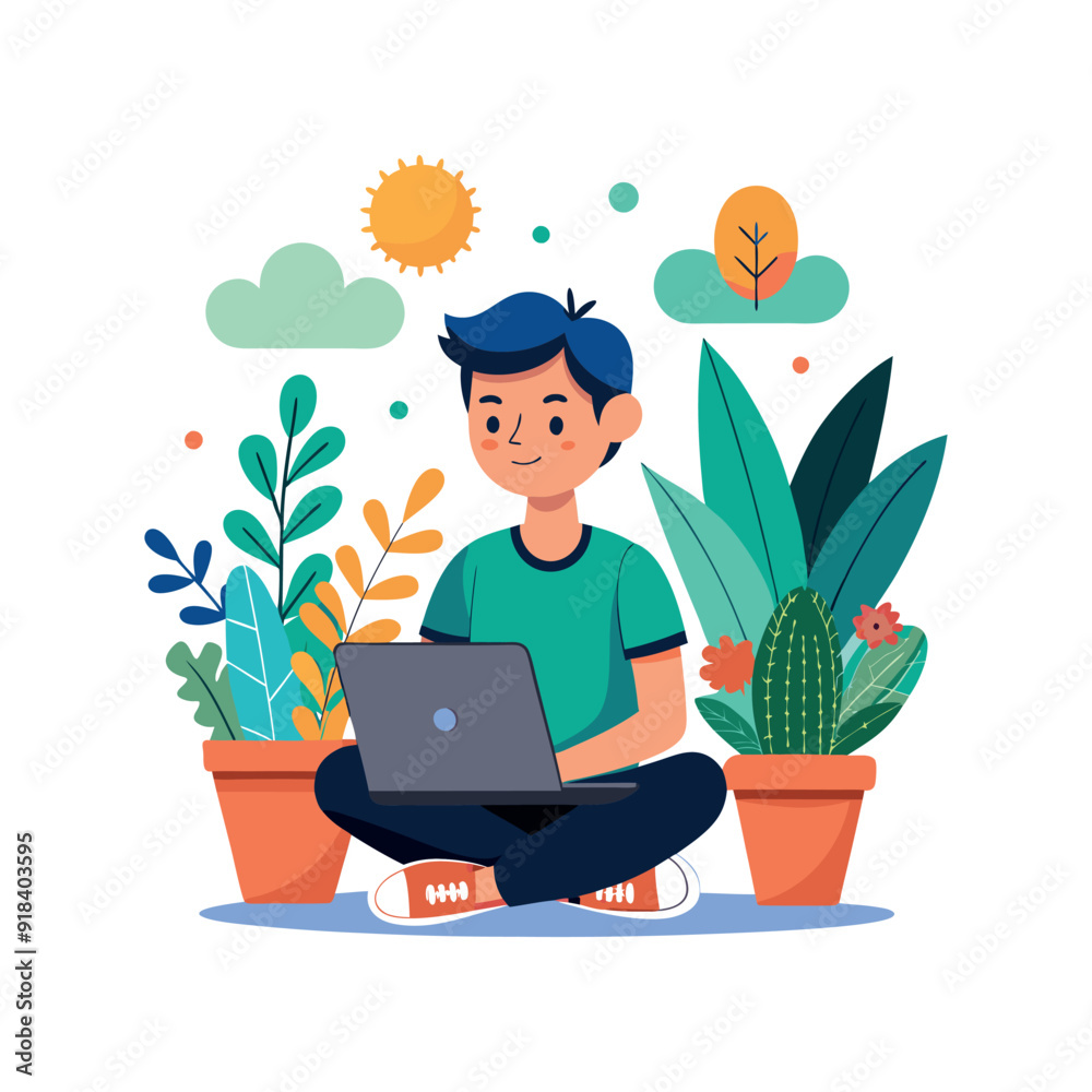 a man sitting on the ground with a laptop and plants a man sitting on the ground with a laptop and plants