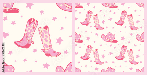 Pink Cowgirl Western Boho Cute Cowboy Boots, Hat and Stars, Seamless Pattern Vector Illustration